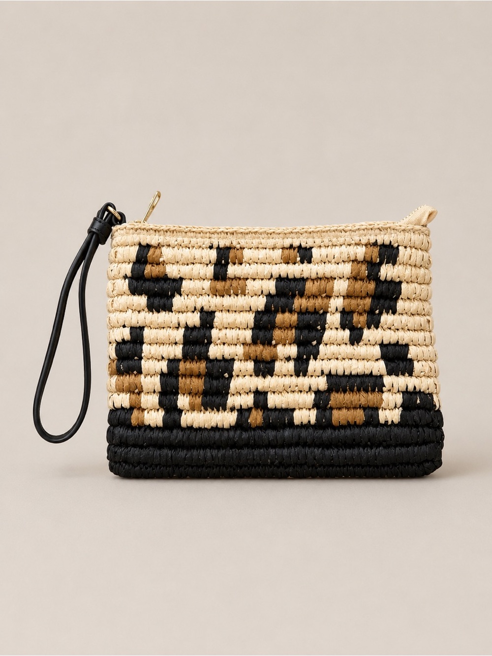 Leopard Print Woven Raffia Wristlet Clutch Pouch Bag